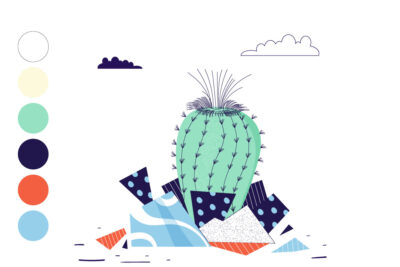 Four vector spot illustrations show real-life cactus