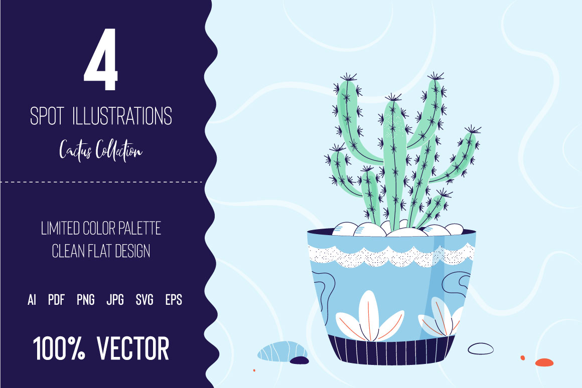 Four vector spot illustrations show a real-life cacti collection