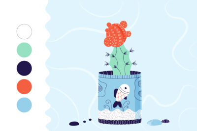 Four vector spot illustrations show a real-life cacti collection