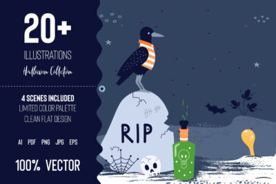 A beautiful collection of vector Halloween illustrations and ready-made scenes