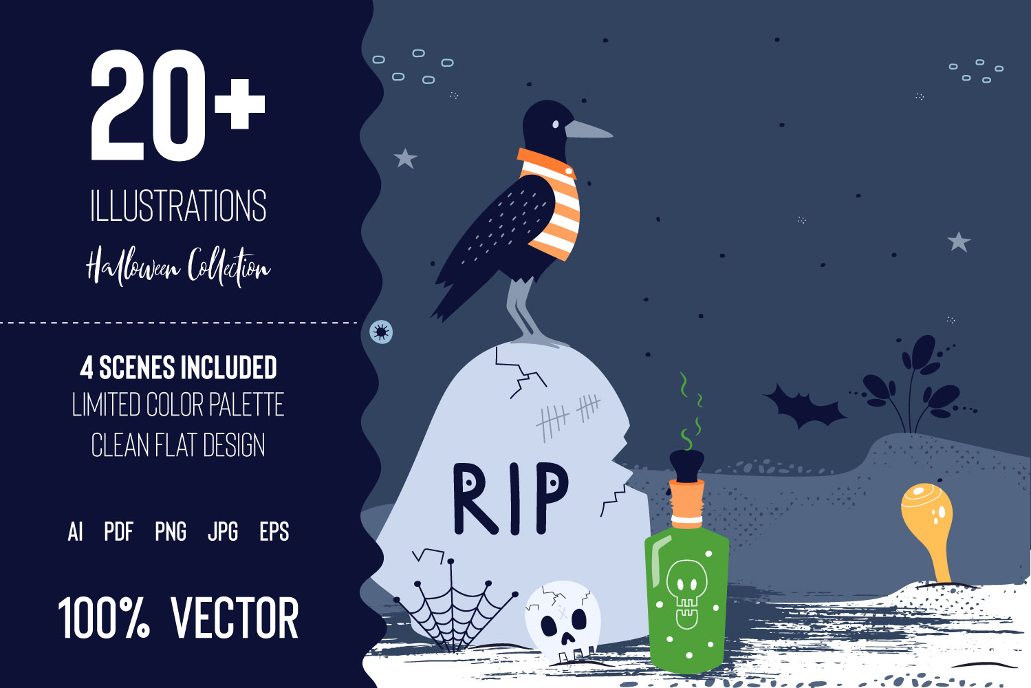 A beautiful collection of vector Halloween illustrations and ready-made scenes