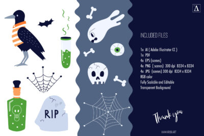 A beautiful collection of vector Halloween illustrations and ready-made scenes